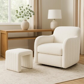 Ada Footstool Ottoman, Channel Tufted Cream White Boucle, 19 inch B056P412629