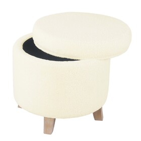 Loni Round Storage Ottoman, 19 inch Beige Faux Sheepskin, Wood Legs B056P412632