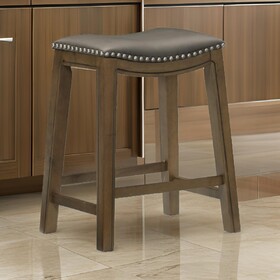 Miel 26 inch Counter Height Stool, Gray Faux Leather Seat, Brown Solid Wood B056P416882