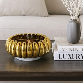 Milly Decorative Bowl, Raised Petal Rim, Gold Metallic Ceramic 13 inch B056P417014