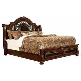 Traditional Eastern King Bed with Scalloped Headboard and Bun Feet,Brown B056S00052