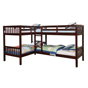 Wooden L Shaped Twin Quad Bunk Bed with Attached Ladder, Brown B056S00056