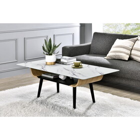 Landon Coffee Table with Glass White Marble Texture Top and Bent Wood Design B061103279