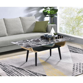 Landon Coffee Table with Glass Black Marble Texture Top and Bent Wood Design B061103280