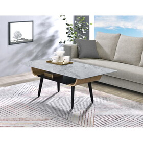 Landon Coffee Table with Glass Gray Marble Texture Top and Bent Wood Design B061103281