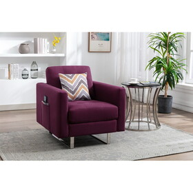 Victoria Purple Linen Fabric Armchair with Metal Legs, Side Pockets, and Pillow B06177996