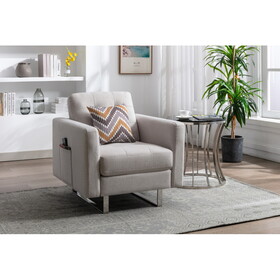 Victoria Beige Linen Fabric Armchair with Metal Legs, Side Pockets, and Pillow B06177997