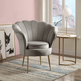 Angelina Gray Velvet Scalloped Back Barrel Accent Chair with Metal Legs B06178024
