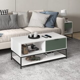 Watson White and Green Wood Coffee Table Steel Frame with Shelves and Drawer B06178652