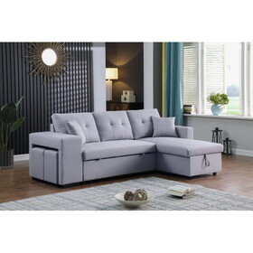 Dennis Light Gray Linen Fabric Reversible Sleeper Sectional with Storage Chaise and 2 Stools B061S00013