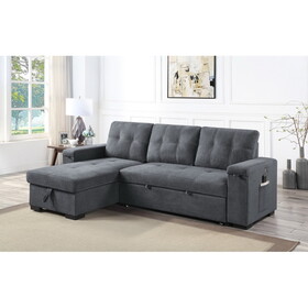 Toby Gray Woven Fabric Reversible Sleeper Sectional Sofa with Storage Chaise Cup Holder USB Ports and Pockets B061S00020