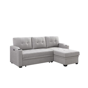 Mabel Light Gray Linen Fabric Sleeper Sectional with cupholder, USB charging port and pocket B061S00026