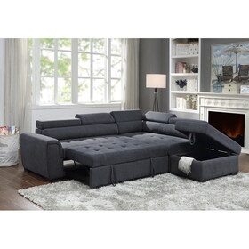 Haris Dark Gray Fabric Sleeper Sofa Sectional with Adjustable Headrest and Storage Ottoman B061S00051