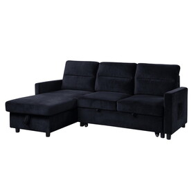 Ivy Black Velvet Reversible Sleeper Sectional Sofa with Storage Chaise and Side Pocket B061S00059