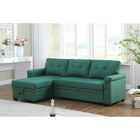 Lucca Green Linen Reversible Sleeper Sectional Sofa with Storage Chaise B061S00090