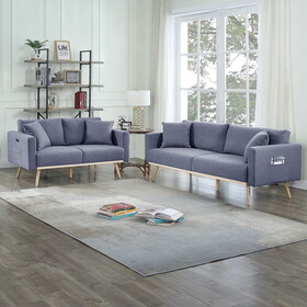 Easton Dark Gray Linen Fabric Sofa Loveseat Living Room Set with USB Charging Ports Pockets & Pillows B061S00109
