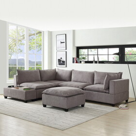 Madison Light Gray Fabric 6 Piece Modular Sectional Sofa with Ottoman and USB Storage Console Table B061S00111