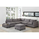 Madison Light Gray Fabric 7pc Modular Sectional Sofa with Ottoman and USB Storage Console Table B061S00112