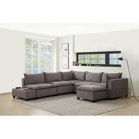 Madison Light Gray Fabric 7 Piece Modular Sectional Sofa Chaise with USB Storage Console Table B061S00116