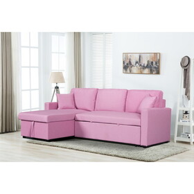 Paisley Pink Linen Fabric Reversible Sleeper Sectional Sofa with Storage Chaise B061S00150