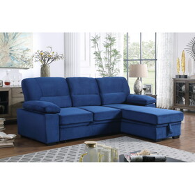 Kipling Blue Velvet Fabric Reversible Sleeper Sectional Sofa Chaise B061S00200