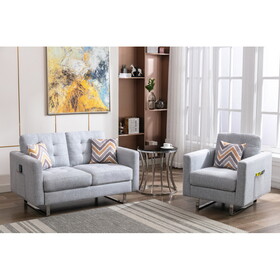 Victoria Light Gray Linen Fabric Loveseat Chair Living Room Set with Metal Legs, Side Pockets, and Pillows B061S00263
