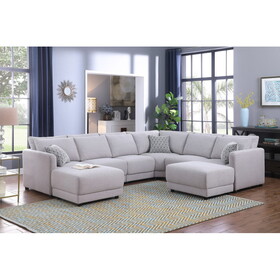 Penelope Light Gray Linen Fabric Reversible 8PC Modular Sectional Sofa with Ottomans and Pillows B061S00360