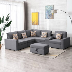 Nolan Gray Linen Fabric 7pc Reversible Sectional Sofa with Interchangeable Legs, Pillows, Storage Ottoman, and a USB, Charging Ports, Cupholders, Storage Console Table B061S00540