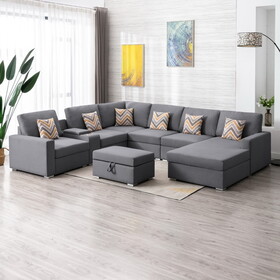 Nolan Gray Linen Fabric 8pc Reversible Chaise Sectional Sofa with Interchangeable Legs, Pillows, Storage Ottoman, and a USB, Charging Ports, Cupholders, Storage Console Table B061S00542