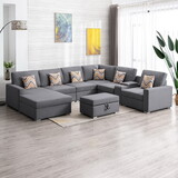 Nolan Gray Linen Fabric 8pc Reversible Chaise Sectional Sofa with Interchangeable Legs, Pillows, Storage Ottoman, and a USB, Charging Ports, Cupholders, Storage Console Table B061S00543