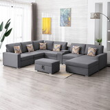 Nolan Gray Linen Fabric 8pc Reversible Chaise Sectional Sofa with Interchangeable Legs, Pillows, Storage Ottoman, and a USB, Charging Ports, Cupholders, Storage Console Table B061S00544