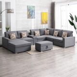 Nolan Gray Linen Fabric 8pc Reversible Chaise Sectional Sofa with Interchangeable Legs, Pillows, Storage Ottoman, and a USB, Charging Ports, Cupholders, Storage Console Table B061S00545