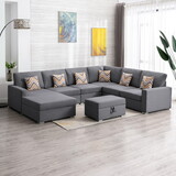 Nolan Gray Linen Fabric 7pc Reversible Chaise Sectional Sofa with Interchangeable Legs, Pillows and Storage Ottoman B061S00547