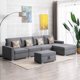 Nolan Gray Linen Fabric 5pc Reversible Sofa Chaise with Interchangeable Legs, Storage Ottoman, and Pillows B061S00551