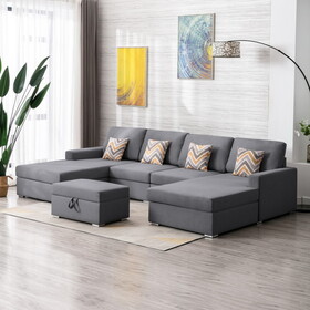 Nolan Gray Linen Fabric 5pc Double Chaise Sectional Sofa with Interchangeable Legs, Storage Ottoman, and Pillows B061S00552