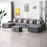 Nolan Gray Linen Fabric 6pc Double Chaise Sectional Sofa with Interchangeable Legs, Storage Ottoman, and Pillows B061S00553
