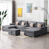 Nolan Gray Linen Fabric 6pc Double Chaise Sectional Sofa with Interchangeable Legs, Storage Ottoman, Pillows, and a USB, Charging Ports, Cupholders, Storage Console Table B061S00554