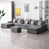 Nolan Gray Linen Fabric 7pc Double Chaise Sectional Sofa with Interchangeable Legs, Storage Ottoman, Pillows, and a USB, Charging Ports, Cupholders, Storage Console Table B061S00555
