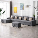 Nolan Gray Linen Fabric 6pc Reversible Sectional Sofa Chaise with Interchangeable Legs, Pillows and Storage Ottoman B061S00556
