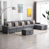 Nolan Gray Linen Fabric 6pc Reversible Sectional Sofa Chaise with Interchangeable Legs, Pillows and Storage Ottoman B061S00557
