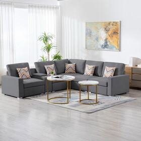 Nolan Gray Linen Fabric 6pc Reversible Sectional Sofa with a USB, Charging Ports, Cupholders, Storage Console Table and Pillows and Interchangeable Legs B061S00559