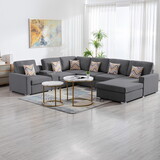 Nolan Gray Linen Fabric 7pc Reversible Chaise Sectional Sofa with a USB, Charging Ports, Cupholders, Storage Console Table and Pillows and Interchangeable Legs B061S00560