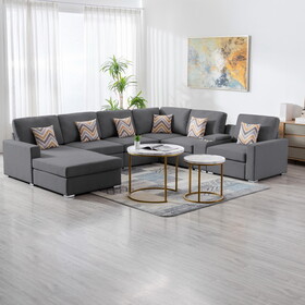 Nolan Gray Linen Fabric 7pc Reversible Chaise Sectional Sofa with a USB, Charging Ports, Cupholders, Storage Console Table and Pillows and Interchangeable Legs B061S00561