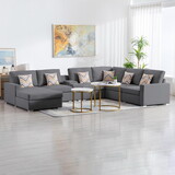 Nolan Gray Linen Fabric 7pc Reversible Chaise Sectional Sofa with a USB, Charging Ports, Cupholders, Storage Console Table and Pillows and Interchangeable Legs B061S00563