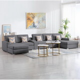 Nolan Gray Linen Fabric 6pc Double Chaise Sectional Sofa with Interchangeable Legs, a USB, Charging Ports, Cupholders, Storage Console Table and Pillows B061S00567
