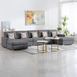 Nolan Gray Linen Fabric 5pc Double Chaise Sectional Sofa with Pillows and Interchangeable Legs B061S00568