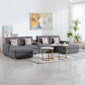 Nolan Gray Linen Fabric 5pc Double Chaise Sectional Sofa with Interchangeable Legs, a USB, Charging Ports, Cupholders, Storage Console Table and Pillows B061S00569