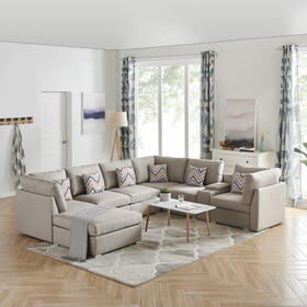 Amira Beige Fabric Reversible Modular Sectional Sofa with USB Console and Ottoman B061S00613