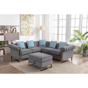 Maddie Gray Velvet 5-Seater Sectional Sofa with Storage Ottoman B061S00638
