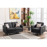 Victoria Dark Gray Linen Fabric Loveseat Chair Living Room Set with Metal Legs, Side Pockets, and Pillows B061S00671